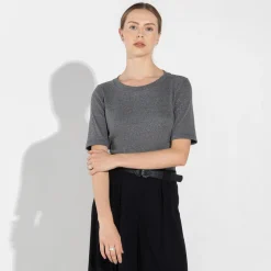 Blusas E Casacos | Blusas>Basico.com Blusa Algodão Canelado Manga Curta Feminina - Mescla Escuro