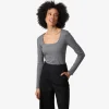 Blusas E Casacos>Basico.com Blusa Canelada Algodão Decote Quadrado Feminina - Mescla Escuro