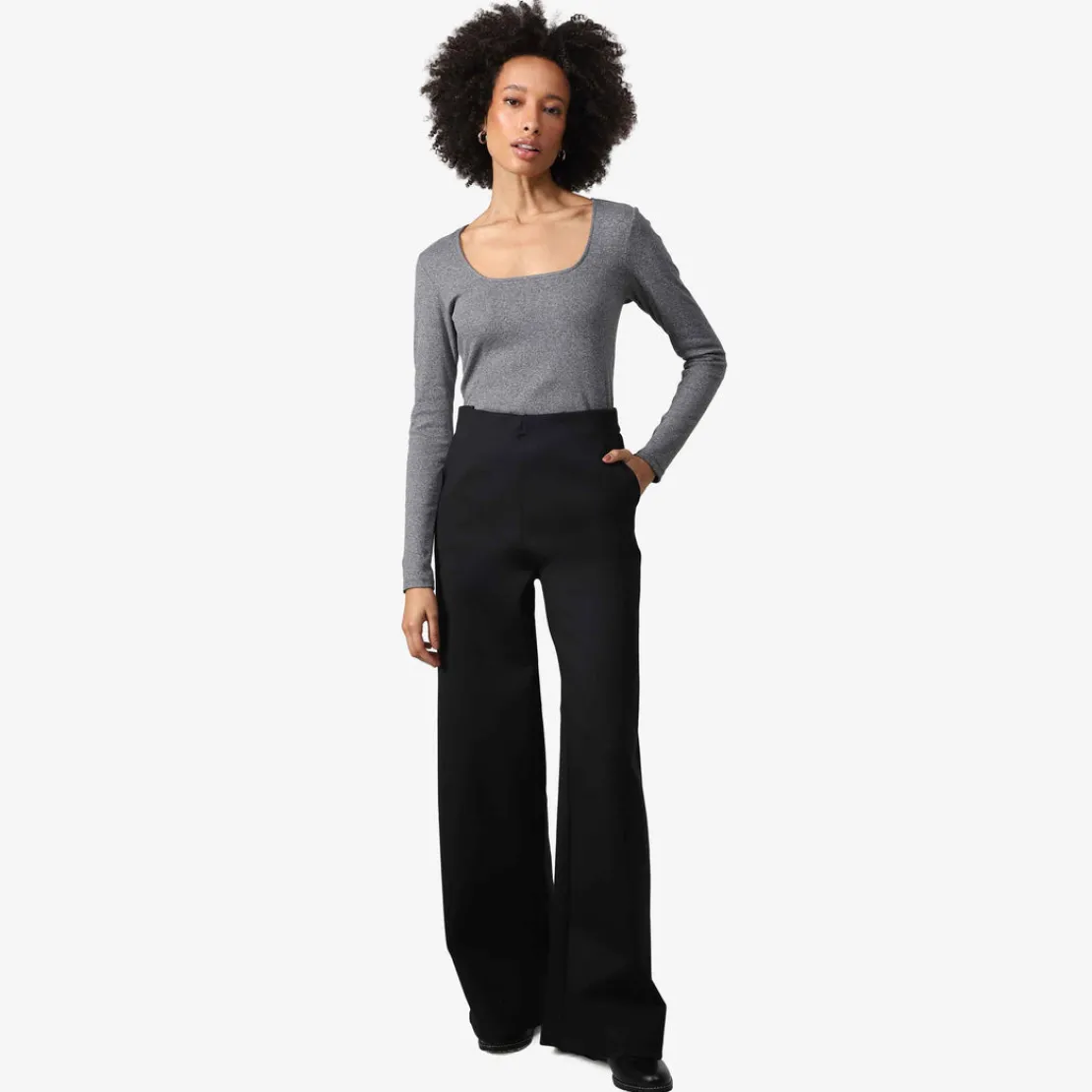 Blusas E Casacos>Basico.com Blusa Canelada Algodão Decote Quadrado Feminina - Mescla Escuro