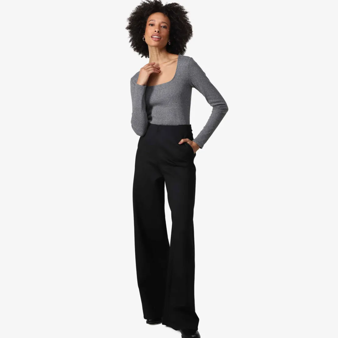 Blusas E Casacos>Basico.com Blusa Canelada Algodão Decote Quadrado Feminina - Mescla Escuro