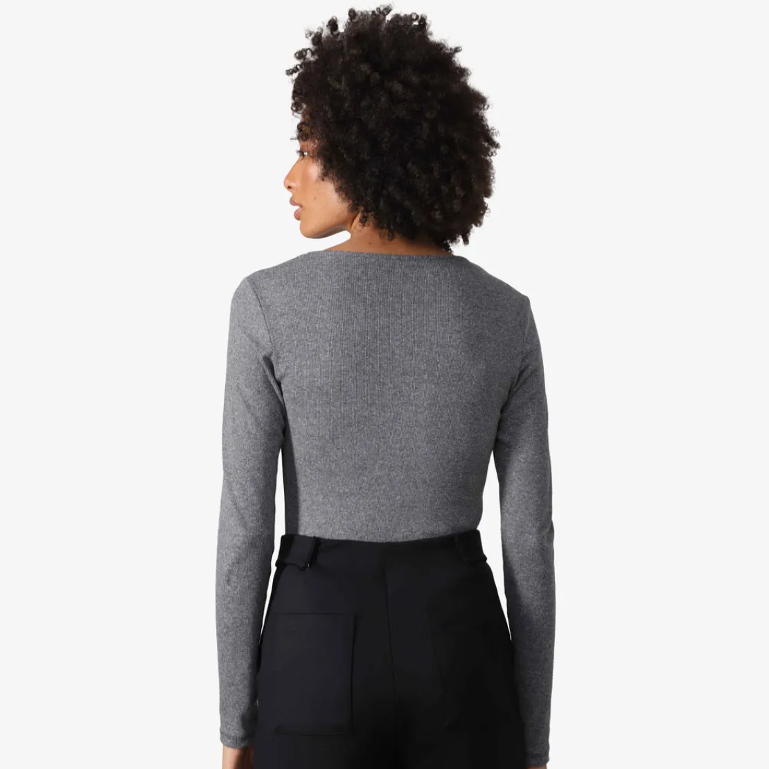 Blusas E Casacos>Basico.com Blusa Canelada Algodão Decote Quadrado Feminina - Mescla Escuro