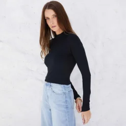 Blusas E Casacos | Viscose>Basico.com Blusa Canelada Viscose Gola Alta Feminina - Preto