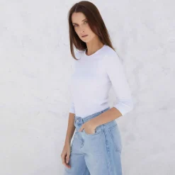 Blusas E Casacos | Viscose>Basico.com Blusa Canelada Viscose Manga 3/4 Feminina - Branco