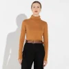 Blusas E Casacos | Camisetas>Basico.com Blusa Canelado Algodão Gola Rolê Feminina - Ocre