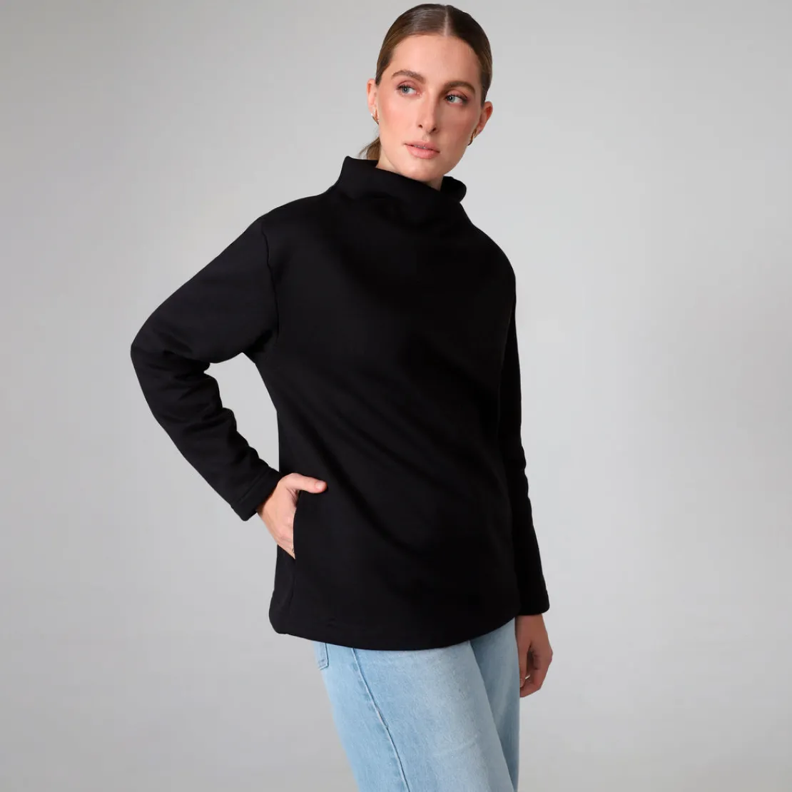 Blusas E Casacos | Moletons>Basico.com Blusa Moletom Flanelado Gola Transpasse Feminina - Preto