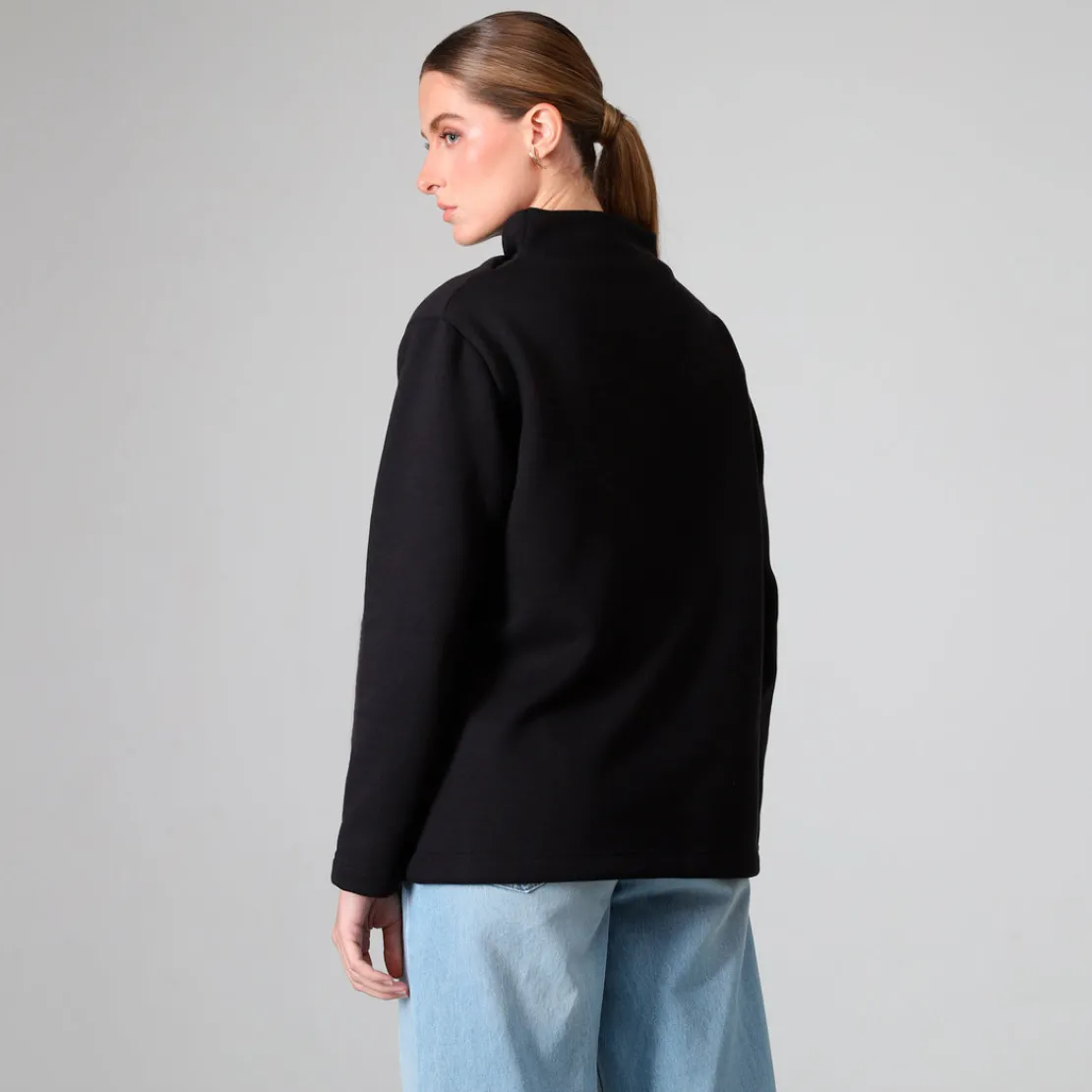 Blusas E Casacos | Moletons>Basico.com Blusa Moletom Flanelado Gola Transpasse Feminina - Preto