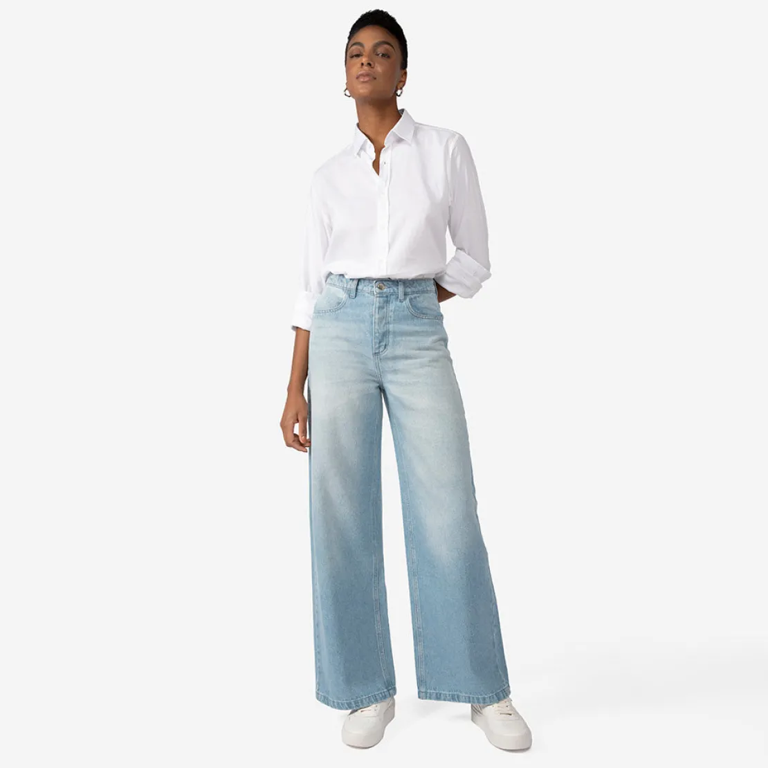 Calças | Jeans>Basico.com Calça Jeans Wide Feminina - Azul Claro