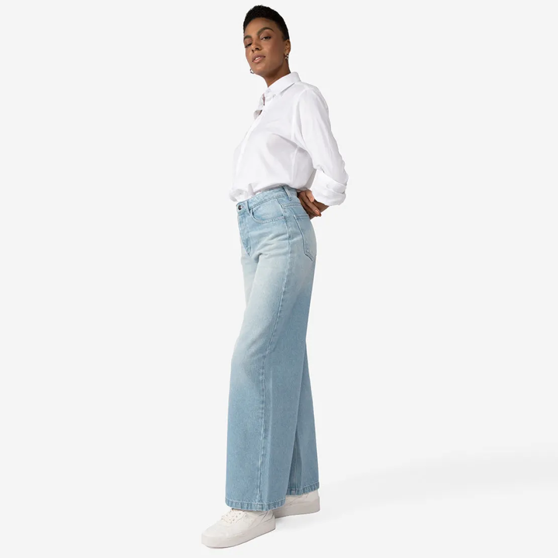 Calças | Jeans>Basico.com Calça Jeans Wide Feminina - Azul Claro