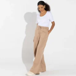 Moletons | Moletons>Basico.com Calça Wide Leg Moletom Flanelado Feminina - Bege Camel
