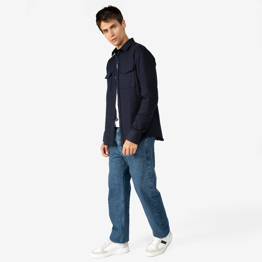 Camisas>Basico.com Camisa Algodão Flanelado 2 Bolsos Masculina - Azul Marinho