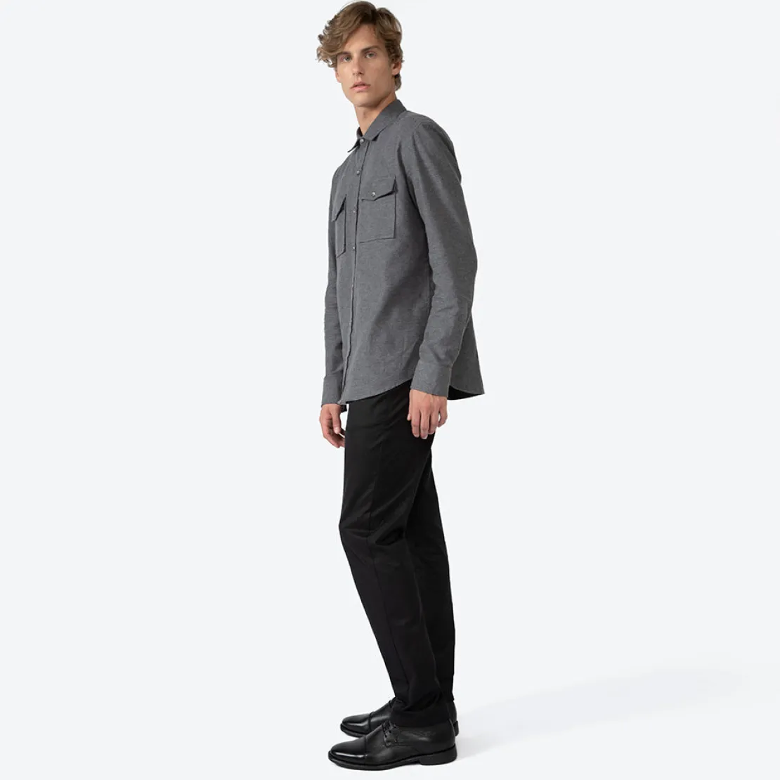 Camisas>Basico.com Camisa Algodão Flanelado 2 Bolsos Masculina - Cinza