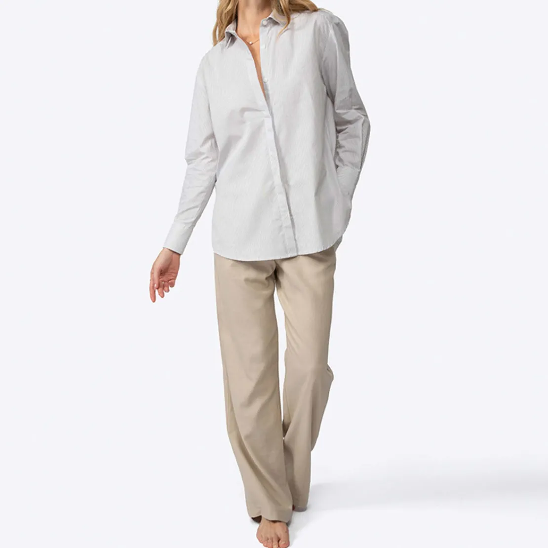 Camisas>Basico.com Camisa Listras Ampla Feminina - Listrado Branco Bege