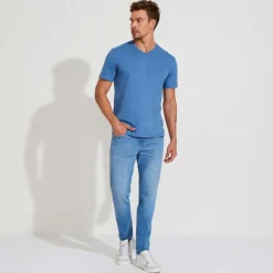 Camisetas>Basico.com Camiseta Algodão Premium Gola V Masculina | Everyday Collection - Azul