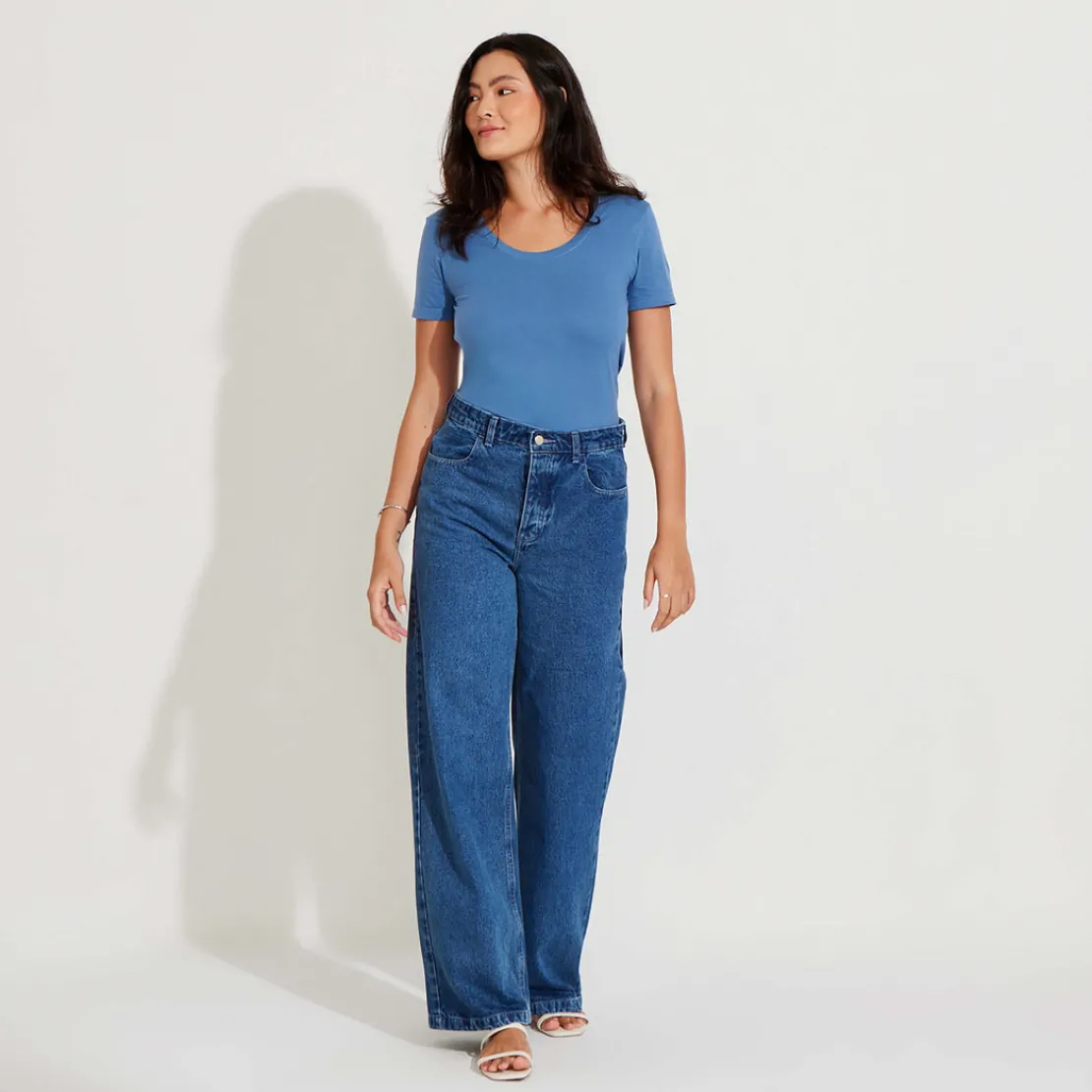 Camisetas>Basico.com Camiseta Algodão Premium Gola U Feminina | Everyday Collection - Azul