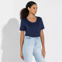 Camisetas>Basico.com Camiseta Algodão Premium Gola U Feminina | Everyday Collection - Azul