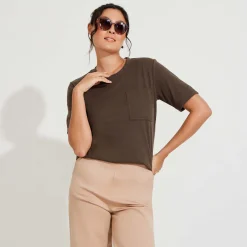Camisetas>Basico.com Camiseta Coffee Bolso Feminina - Mocha