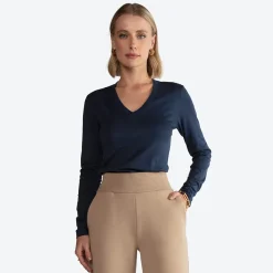 Algodão Pima | Camisetas>Basico.com Camiseta Perfeita Pima Manga Longa Gola V Feminina - Azul Marinho
