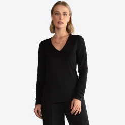 Algodão Pima | Camisetas>Basico.com Camiseta Perfeita Pima Manga Longa Gola V Feminina - Preto