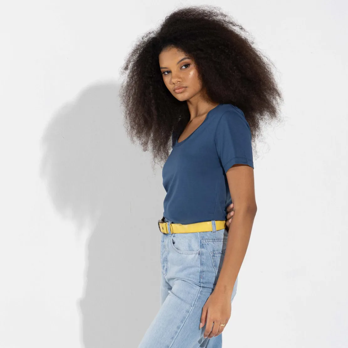 Camisetas | Algodão Pima>Basico.com Camiseta Pima Gola U Feminina | Life Collection - Azul Carbono