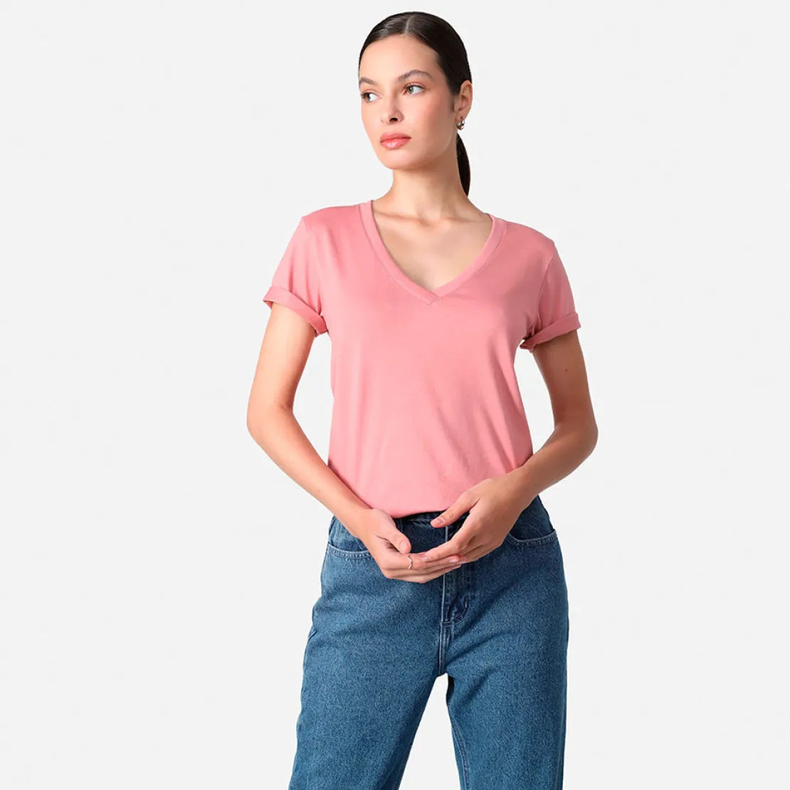 Algodão Pima | Camisetas>Basico.com Camiseta Pima Gola V Feminina | Life Collection - Rose