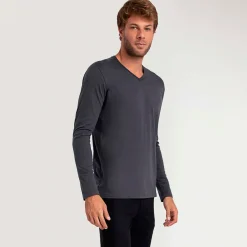 Algodão Pima | Camisetas>Basico.com Camiseta Pima Gola V Manga Longa Masculina | Life Collection - Grafite