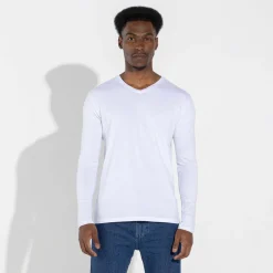 Algodão Pima | Camisetas>Basico.com Camiseta Pima Gola V Manga Longa Masculina | Life Collection - Branco
