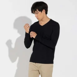 Algodão Pima | Camisetas>Basico.com Camiseta Pima Gola V Manga Longa Masculina | Life Collection - Preto