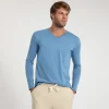 Algodão Pima | Camisetas>Basico.com Camiseta Pima Gola V Manga Longa Masculina | Life Collection - Azul Ce