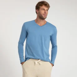 Algodão Pima | Camisetas>Basico.com Camiseta Pima Gola V Manga Longa Masculina | Life Collection - Azul Ce