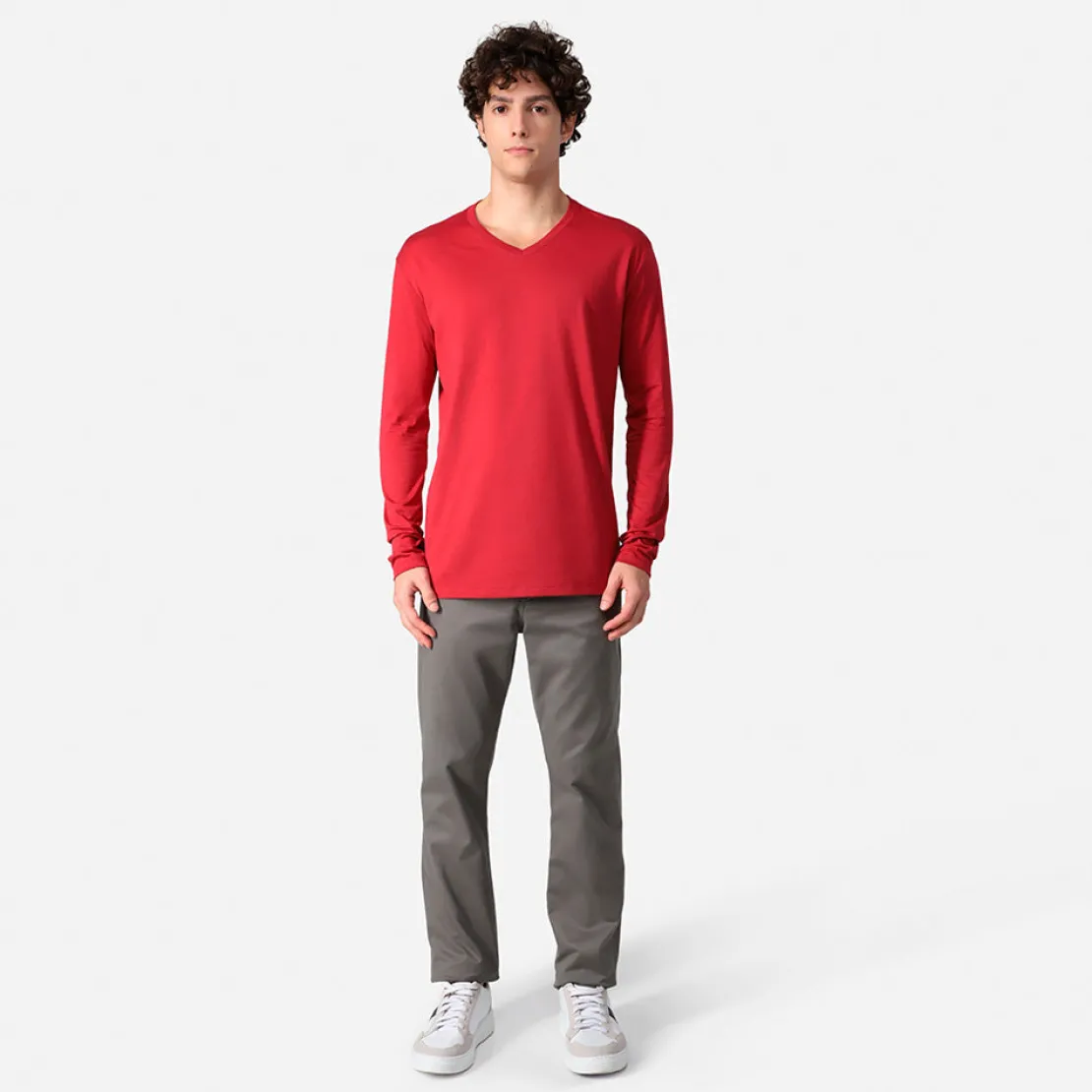 Algodão Pima | Camisetas>Basico.com Camiseta Pima Gola V Manga Longa Masculina | Life Collection - Marsala
