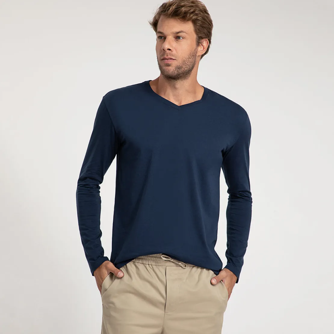 Algodão Pima | Camisetas>Basico.com Camiseta Pima Gola V Manga Longa Masculina | Life Collection - Azul Ma
