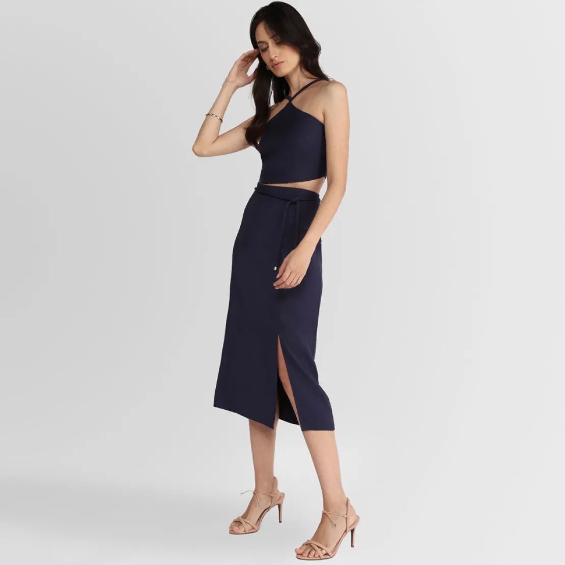 Viscose | Saias E Shorts>Basico.com Saia Midi Cinto Nó - Azul Marinho