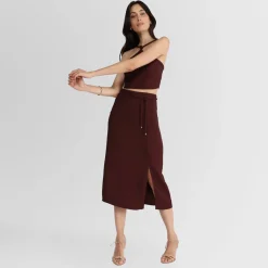Viscose | Saias E Shorts>Basico.com Saia Midi Cinto Nó - Vermelho Vinho