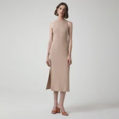 Vestidos>Basico.com Vestido Midi Canelado Algodão - Bege Claro