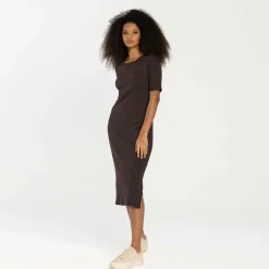 Vestidos | Vestidos>Basico.com Vestido Midi Canelado Algodão Manga Curta - Marrom