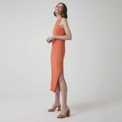 Vestidos>Basico.com Vestido Midi Canelado Algodão - Marrom Telha