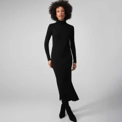 Vestidos>Basico.com Vestido Midi Canelado Algodão Gola Rolê - Preto