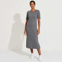 Vestidos>Basico.com Vestido Midi Canelado Algodão Manga Curta - Mescla Escuro