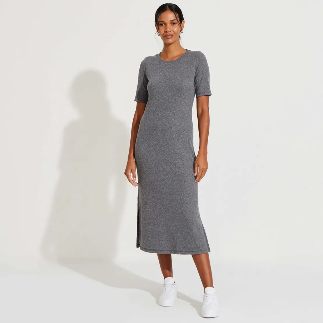 Vestidos>Basico.com Vestido Midi Canelado Algodão Manga Curta - Mescla Escuro