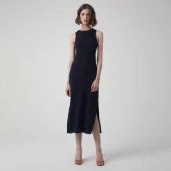 Vestidos>Basico.com Vestido Midi Canelado Algodão - Preto
