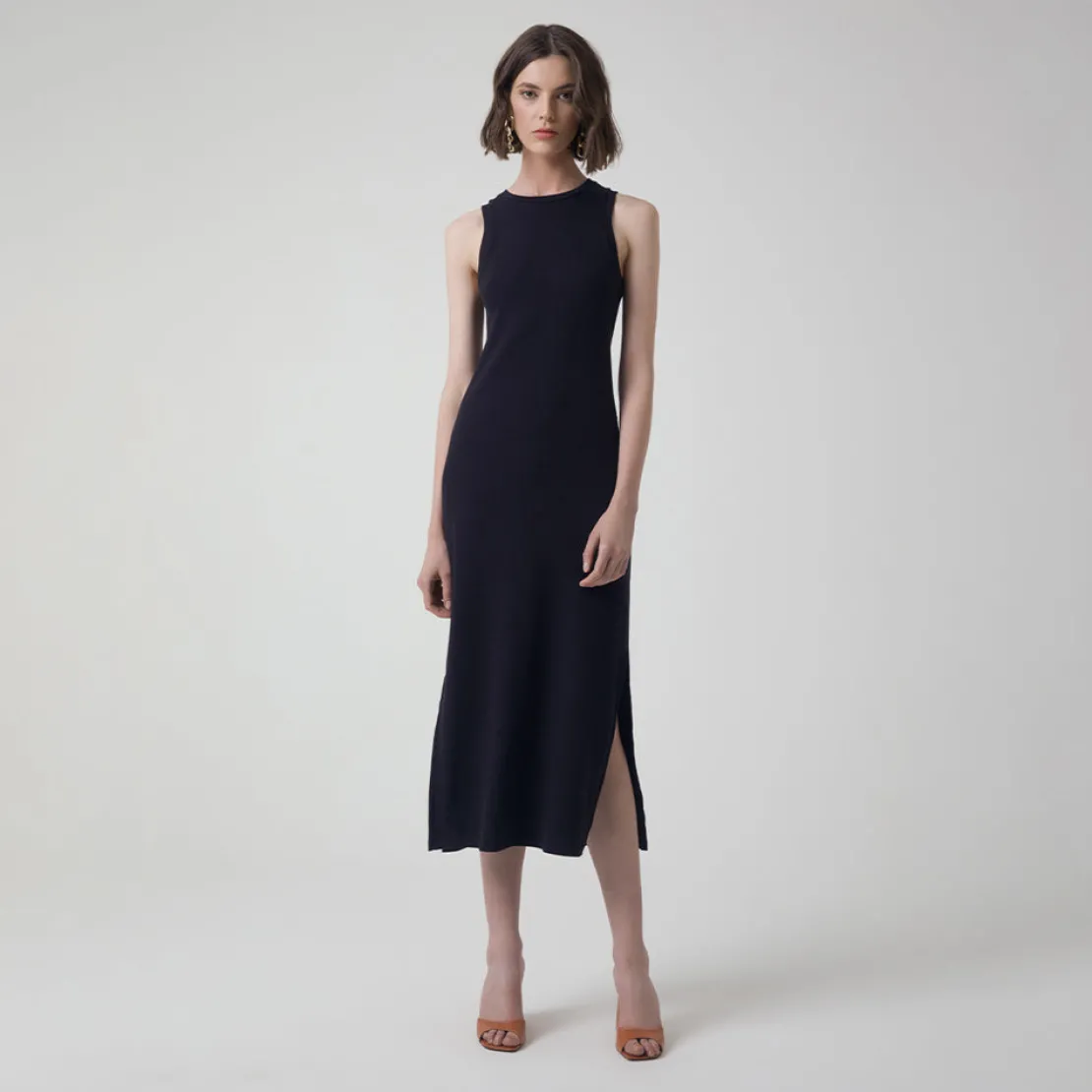 Vestidos>Basico.com Vestido Midi Canelado Algodão - Preto