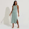 Vestidos>Basico.com Vestido Midi Canelado Algodão - Verde Chá