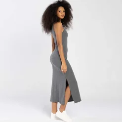 Vestidos>Basico.com Vestido Midi Canelado Algodão - Mescla Escuro