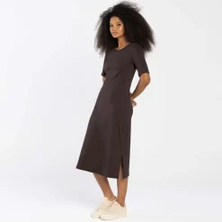 Vestidos | Vestidos>Basico.com Vestido Midi Canelado Algodão Manga Curta - Marrom