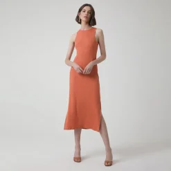 Vestidos>Basico.com Vestido Midi Canelado Algodão - Marrom Telha