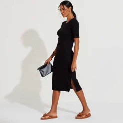 Vestidos>Basico.com Vestido Midi Canelado Algodão Manga Curta - Preto