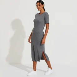Vestidos>Basico.com Vestido Midi Canelado Algodão Manga Curta - Mescla Escuro