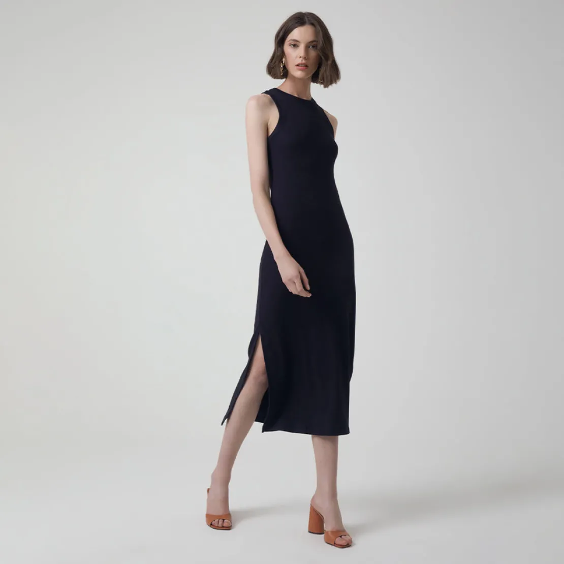 Vestidos>Basico.com Vestido Midi Canelado Algodão - Preto