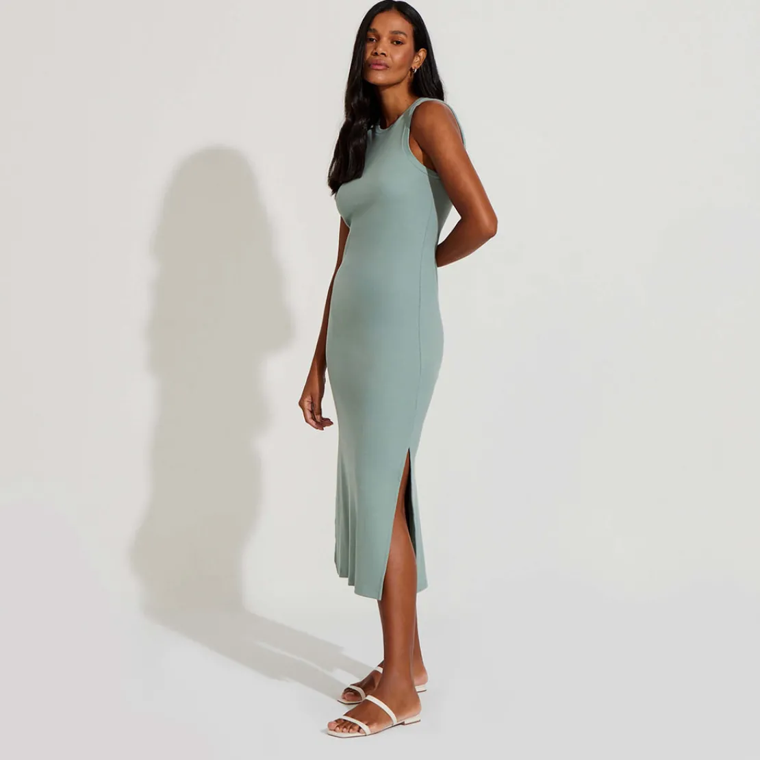 Vestidos>Basico.com Vestido Midi Canelado Algodão - Verde Chá