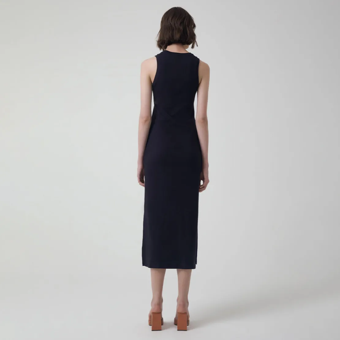 Vestidos>Basico.com Vestido Midi Canelado Algodão - Preto